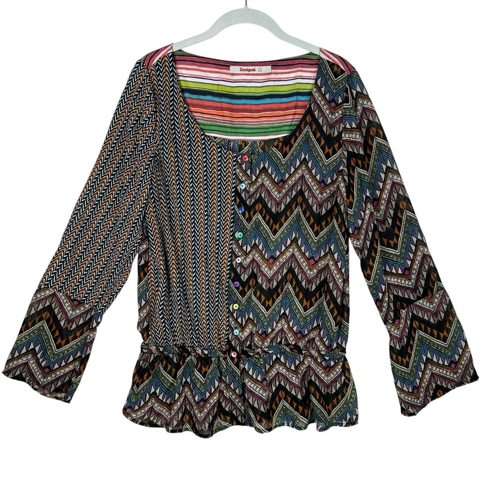 Desigual Top Blouse Womens Large Peplum Multi Print Semi Sheer Artsy Art to Wear